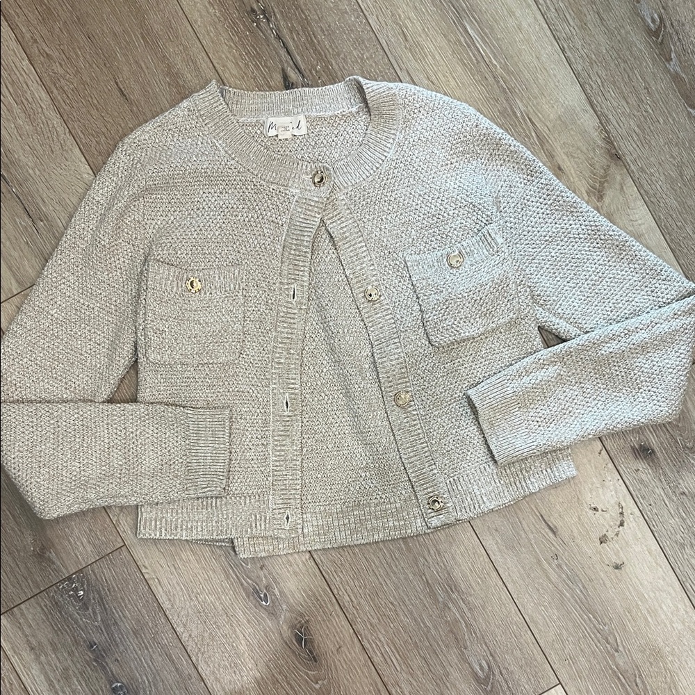 Marled Cropped Knit Cardigan Jacket in Light Beige Gold Buttons M